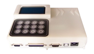 RFID reader with analog and digital inputs and outputs, LCD display, keypad, and sounder; interfaces: RS-232, USB and LAN