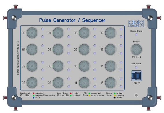Pulse generator/sequencer with 16 channels in a Eurotainer case