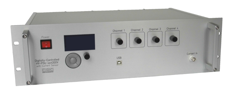 High-voltage bipolar power supply/amplifier with a high-sensitivity current sensor, 4 channels, ±200V, for quadrupole mass analyzers and monitoring ion or electron beams