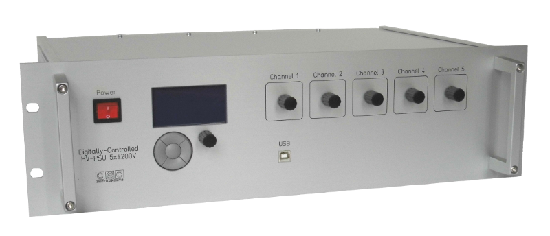 High-voltage bipolar power supply/amplifier, 5 channels, ±200V, for quadrupole mass analyzers and driving electron or ion optics