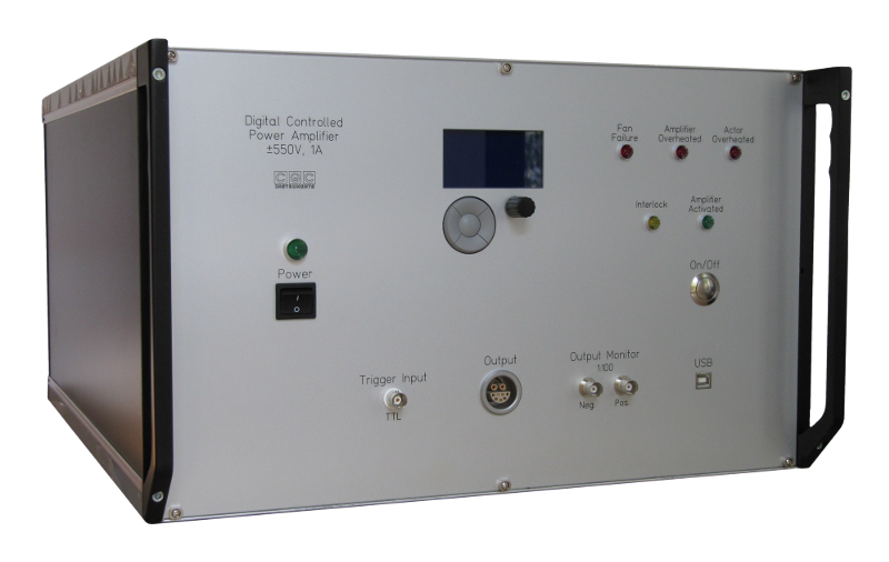 High-voltage power amplifier with programmable digital waveform generator for driving piezoelectric actuators