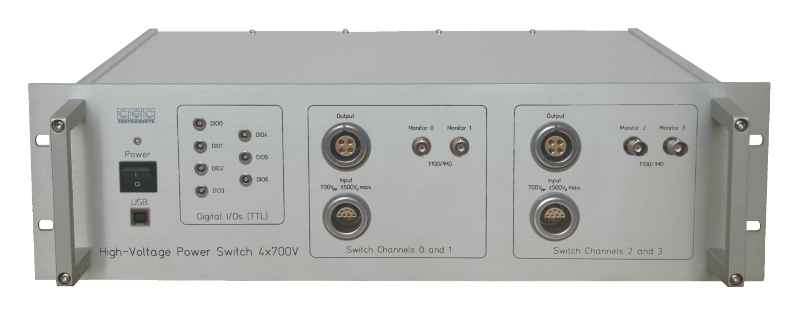 Quadruple power switch for voltages up to 700V with extra fast driver, internal pulse generator with high frequency resolution, liquid-cooled heat sink, and monitor outputs